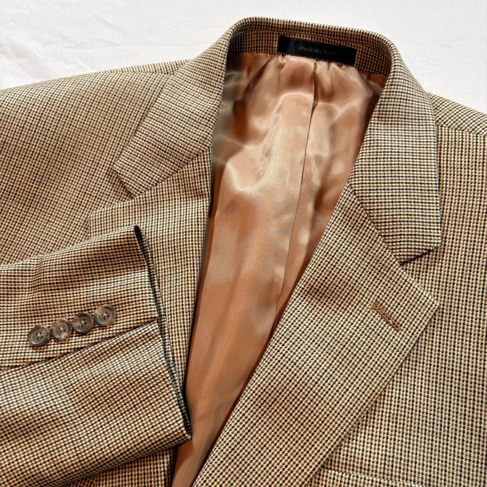Chaps Blazer Sport Coat Mens 42R Tan Houndstooth Silk Wool Blend Two Button